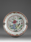 A Chinese porcelain famille rose plate with silver handle