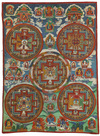 A Tibetan thangka depicting five mandalas