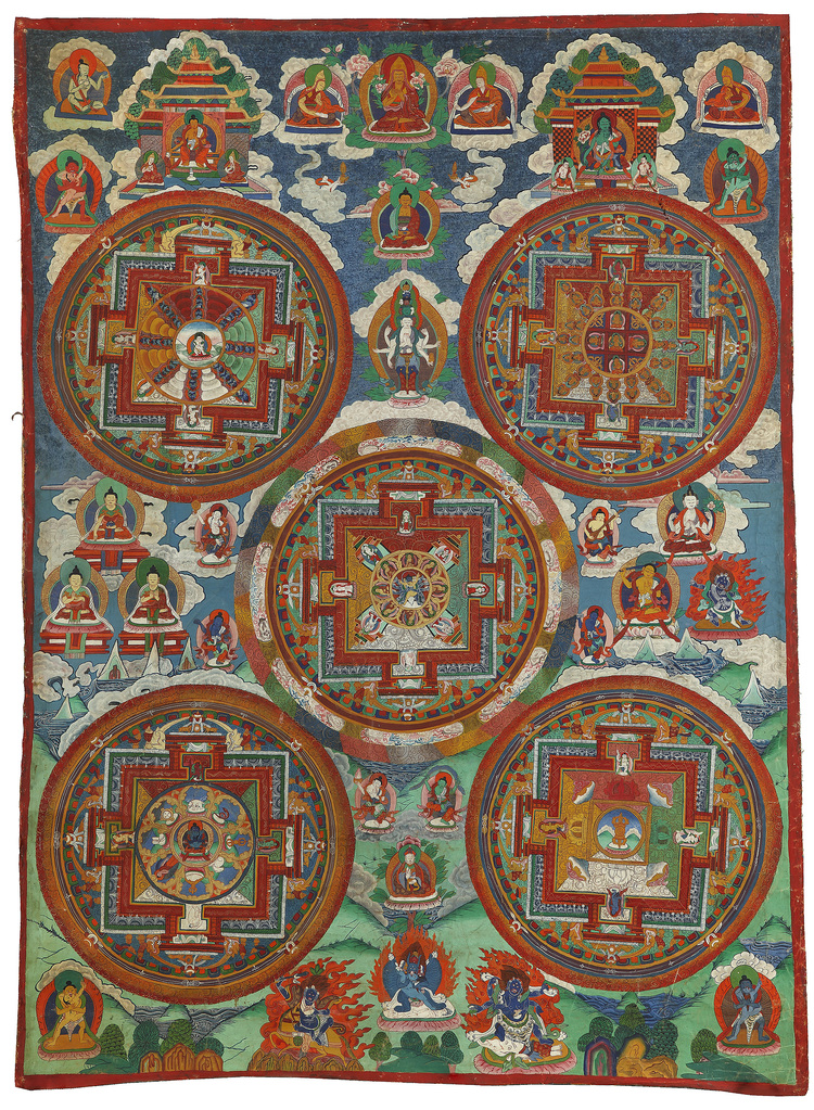 A Tibetan thangka depicting five mandalas