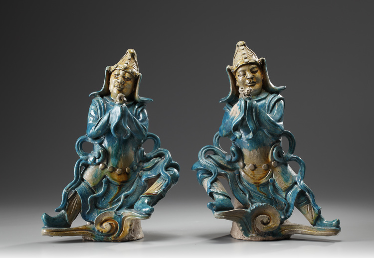 A Pair of Turquoise-Glazed Figural Roof Tiles