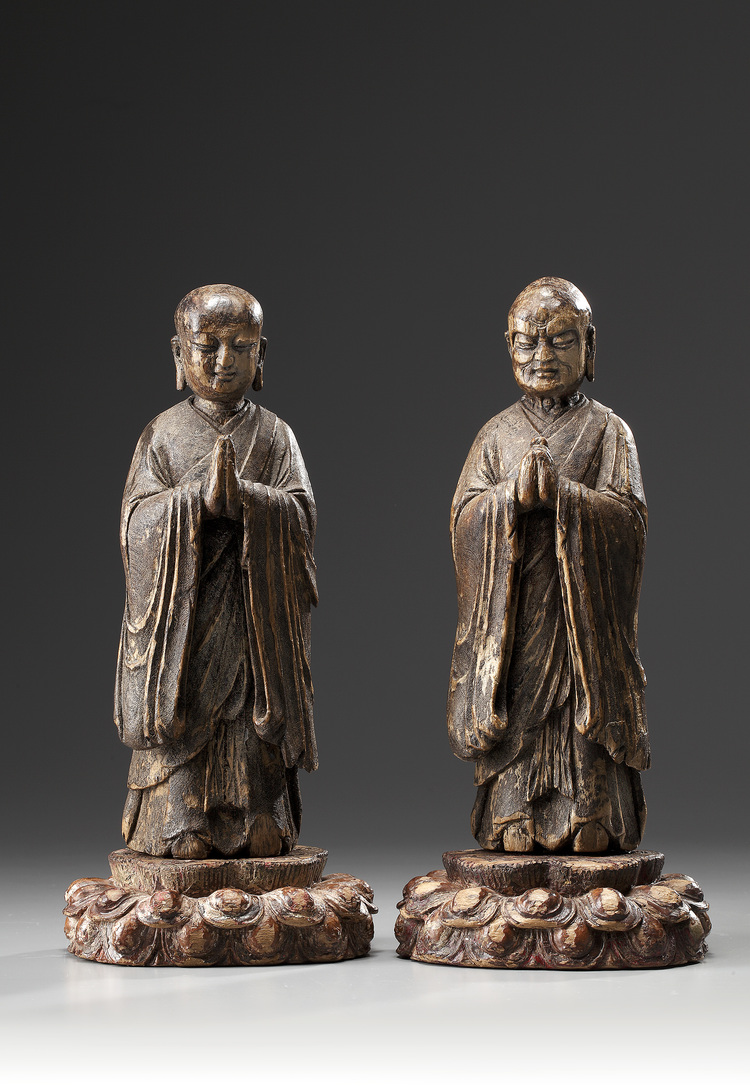 A Pair of Chinese Wood Figures of Ananda and Kasyapa