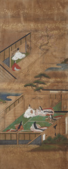 A JAPANESE SIX-PANEL BYOBU SCREENS WITH SCENES FROM THE TALE OF GENJI, EDO PERIOD (1603-1868)