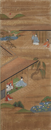 A JAPANESE SIX-PANEL BYOBU SCREENS WITH SCENES FROM THE TALE OF GENJI, EDO PERIOD (1603-1868)