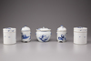 Five blue and white porcelain jars with covers