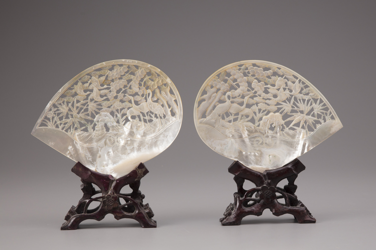 A pair of Cantonese carved mother-of-pearl seashells