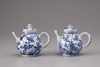 A pair of blue and white porcelain teapots