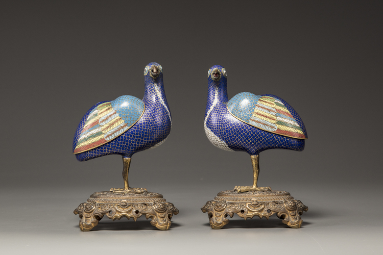 A pair of blue-ground cloisonne enamel 'quail' censers