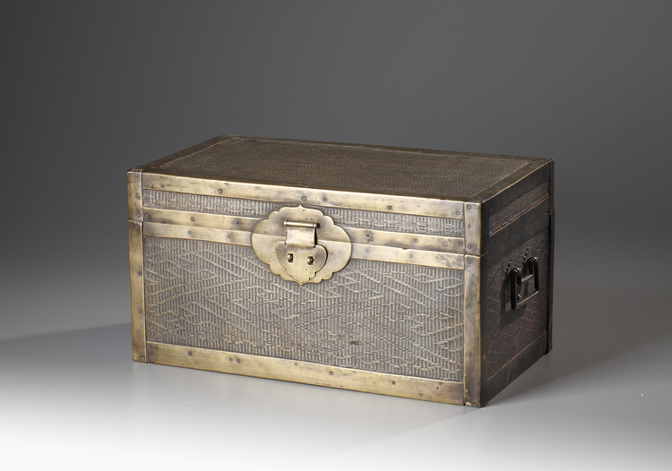 A Chinese woven brass and lacquer-decorated rectangular chest
