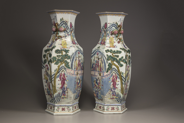 A pair of hexagonal famille rose vases
