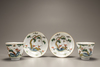 Two pairs of famille rose 'deer and lingzhi' cups and saucers