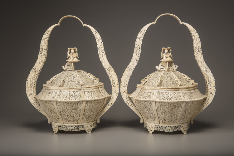 A pair of Cantonese ivory baskets and covers