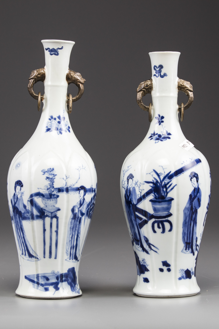 Two similar moulded Chinese blue and white twin-handled vases