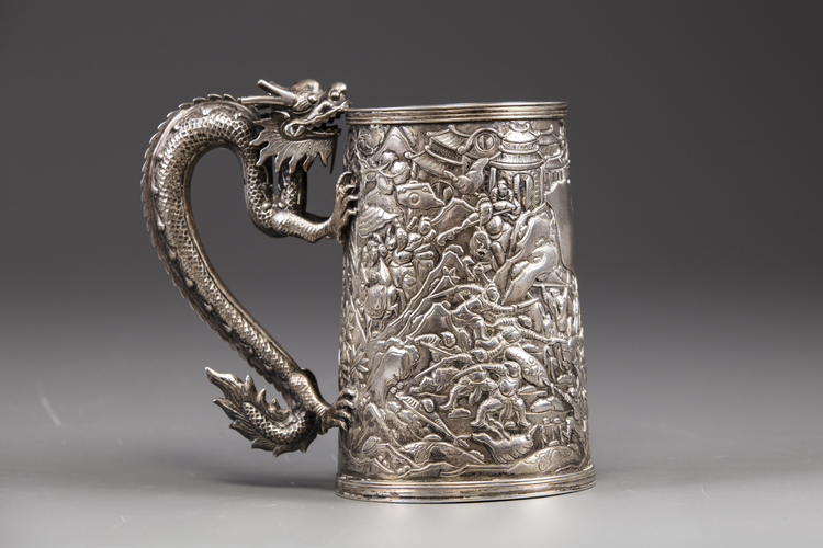 A Chinese export silver dragon-handled mug