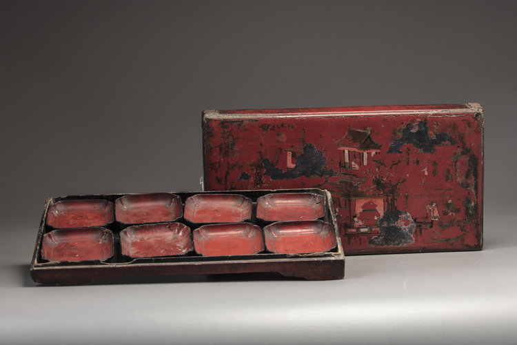 A set of eight Chinese lacquered 'sweet meat' dishes in a box and cover