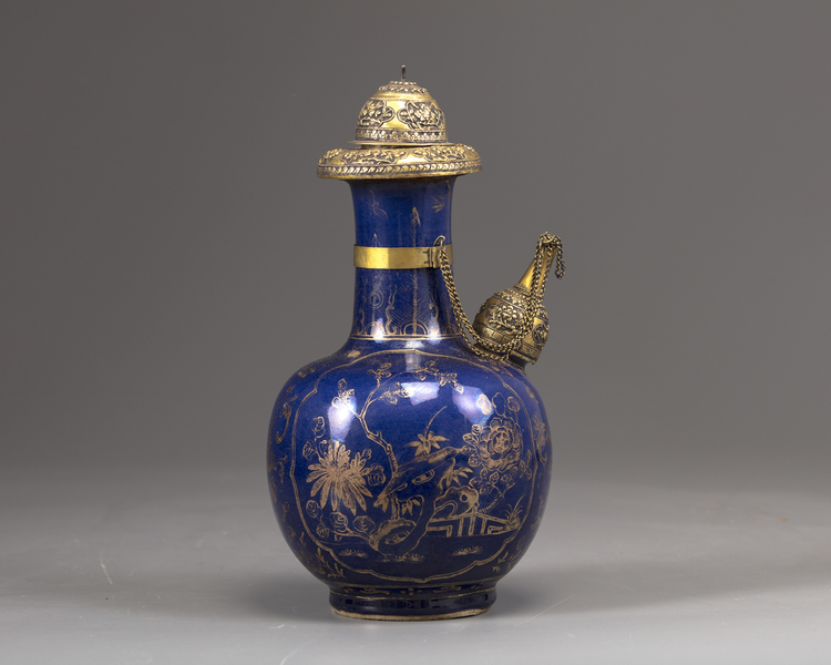 A gilt-metal-mounted Chinese blue-ground gilt-decorated kendi