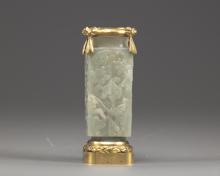 A gilt-bronze mounted Chinese celadon jade vase, cong
