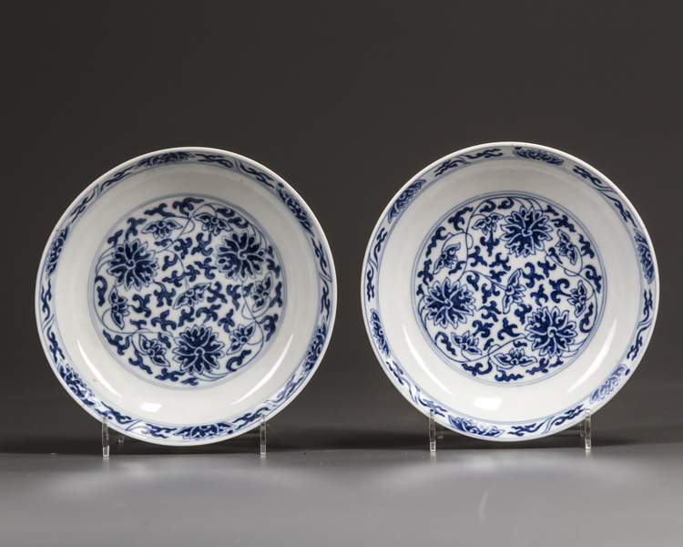 A pair of Chinese blue and white 'lotus' dishes