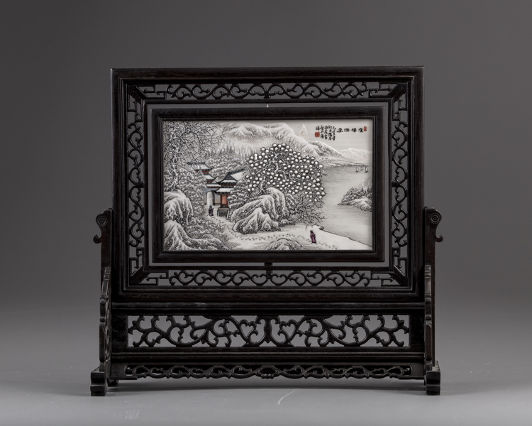 A Chinese famille rose 'winter landscape' table screen