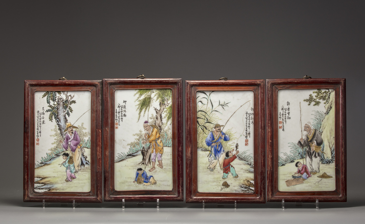 A set of four Chinese famille rose 'fishermen' plaques
