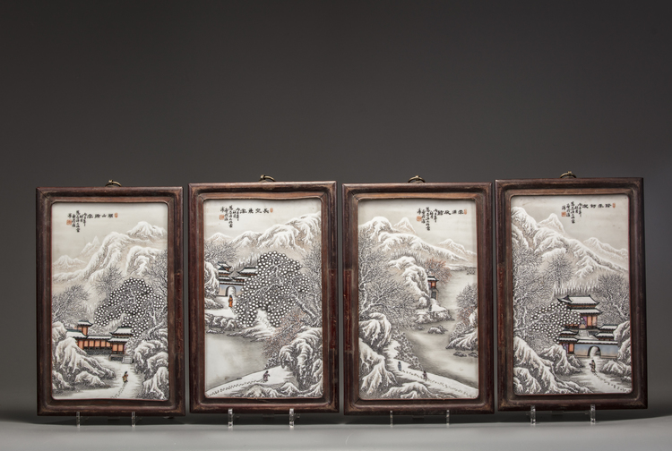 A set of four Chinese 'winter landscape' plaques
