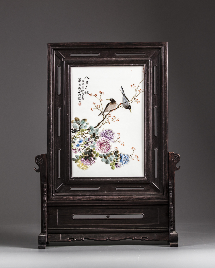 A Chinese famille rose 'birds and flowers' table screen