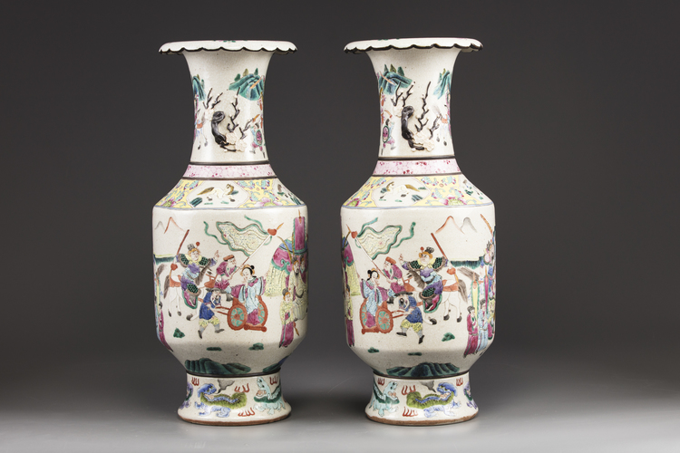 A pair of Chinese crackle-glazed famille rose vases