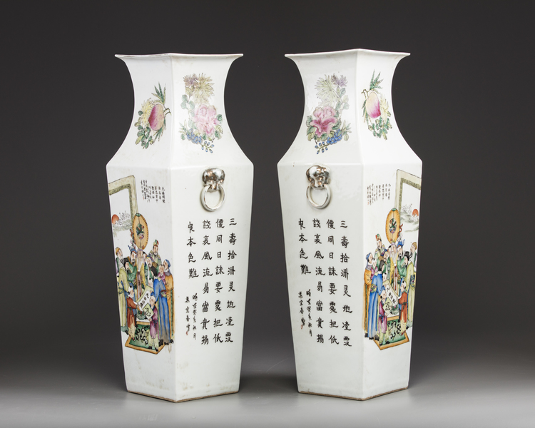 Two Chinese famille rose square-section vases