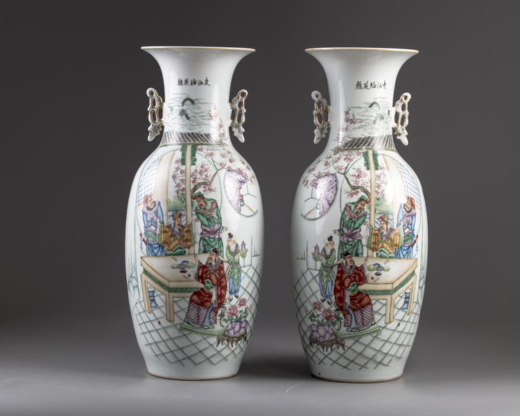 A pair of Chinese famille rose twin gilt-handled baluster vases