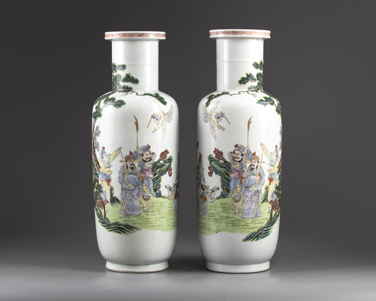 A pair of Chinese famille rose rouleau vases