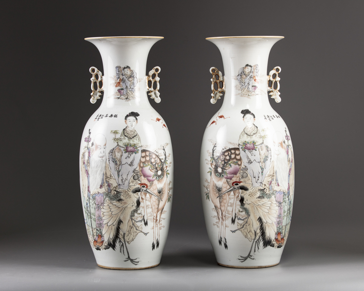 A pair of Chinese famille rose twin-handled vases