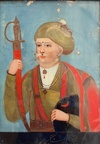 A PORTRAIT OF A SIKH WORRIER WITH A JEWELLED SWORD AND A SHIELD, INDIA, 19TH CENTURY