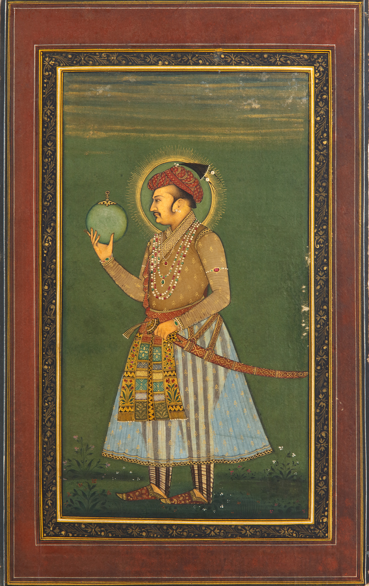 A WATERCOLOR PAINTING, JAHANGIR HOLDING A GLOBE, INDIA, MUGHAL, 19TH ...