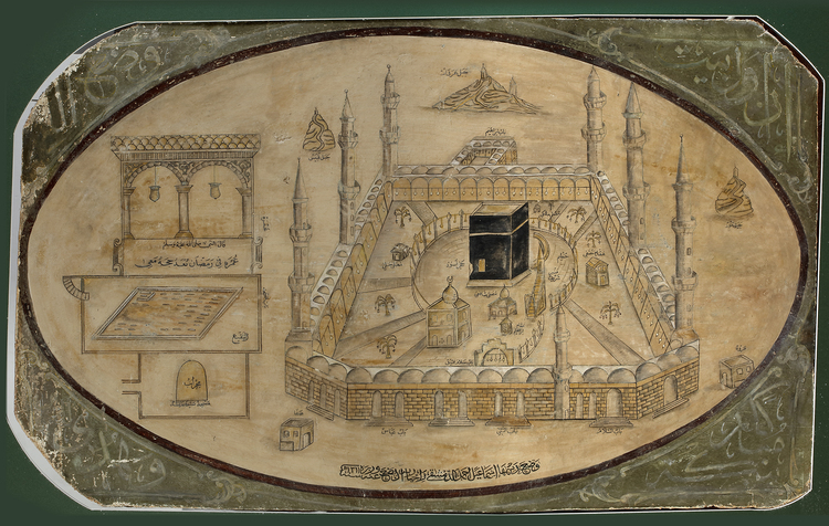 A LARGE VIEW OF MECCA ON A STUCCO PANEL BY ISMAI'L AHMAD AL-DIMASHQI, OTTOMAN SYRIA AND DATED 1311 AH/1893 AD