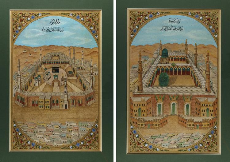 A PAIR OF VIEWS DEPICTING THE HOLY SHRINES OF MECCA AND MEDINA, INDIA, RAJASTHAN, CIRCA 1880