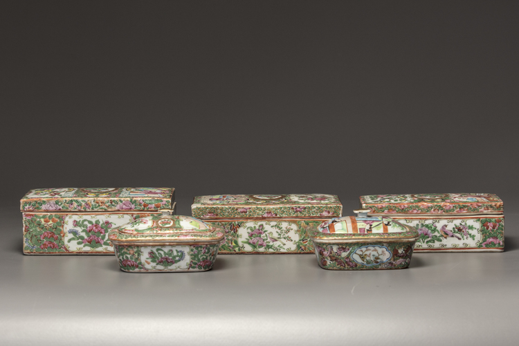 Three Cantonese famille rose boxes and covers and two soap boxes and covers