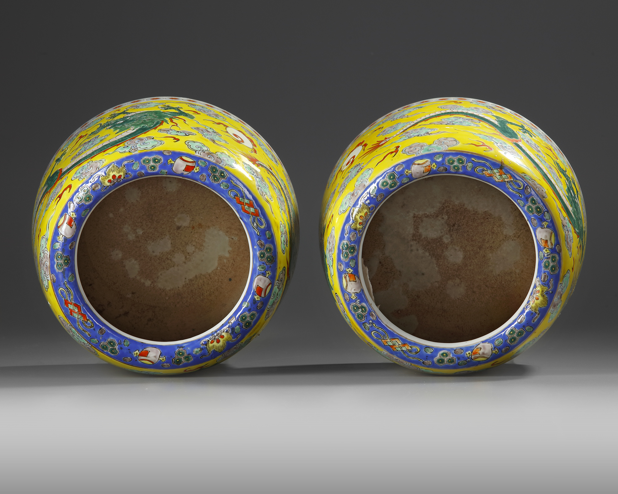 A PAIR OF CHINESE YELLOW-GROUND FAMILLE ROSE 'DRAGON' WATERPOTS, 19TH ...