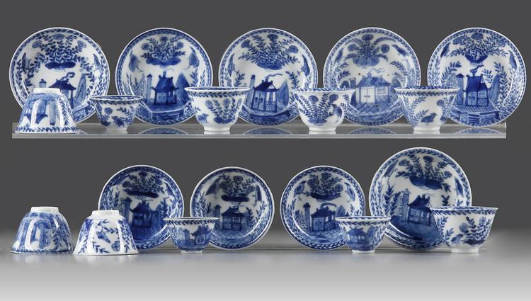 A SET OF TEN CHINESE BLUE AND WHITE CUPS AND NINE SAUCERS, KANGXI 1662- 1722