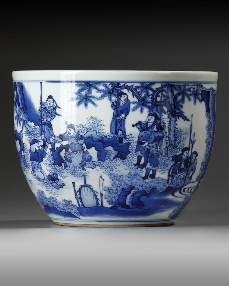 A BLUE AND WHITE ‘FIGURAL’ SCROLL POT, QING DYNASTY (1644-1911)