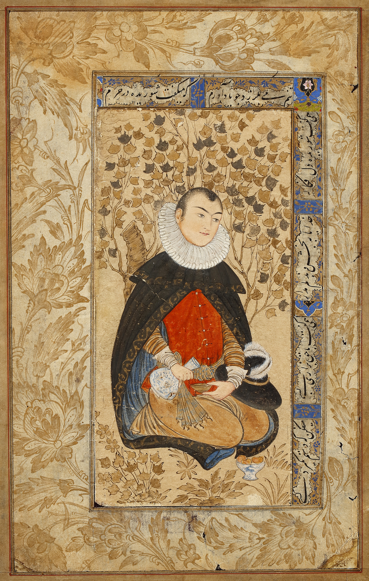 AN ILLUMINATED PERSIAN MINIATURE PORTRAIT OF A PORTUGUESE MAN DRINKING WINE, 18TH-19TH CENTURY