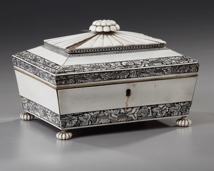 AN ANGLO-INDIAN VIZAGAPATAM BONE AND CARVED SANDALWOOD SEWING BOX ...