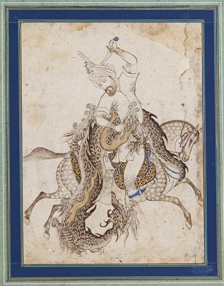 A PRINCE HUNTING, ATTACKED BY A DRAGON, QAJAR, PERSIA, 19TH CENTURY