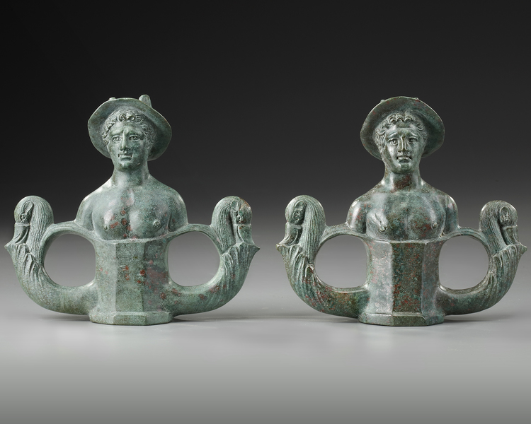 A PAIR OF ROMAN BRONZE CHARIOT FITTINGS, CIRCA 1ST- 2ND CENTURY A.D.