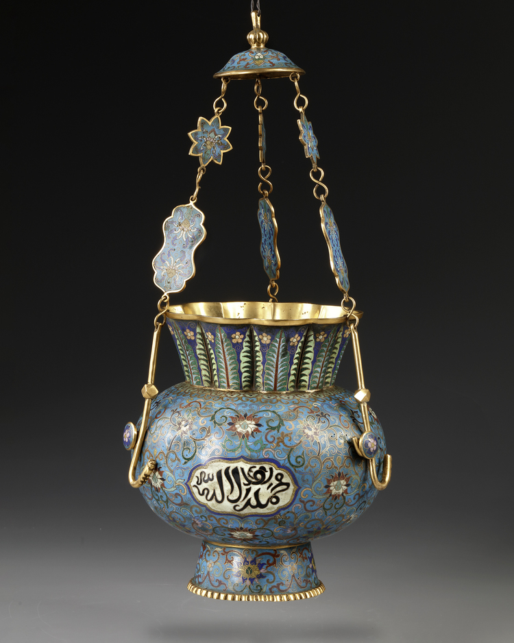 A MOSQUE LAMP, BRONZE WITH CLOISONNÉ ENAMEL DECORATION, CHINA, LATE 19TH CENTURY
