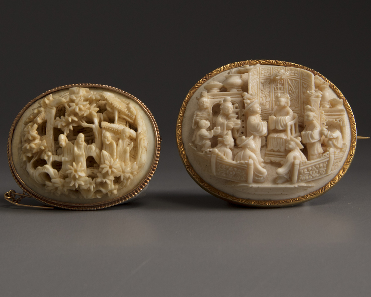 Two Cantonese carved ivory oval brooches