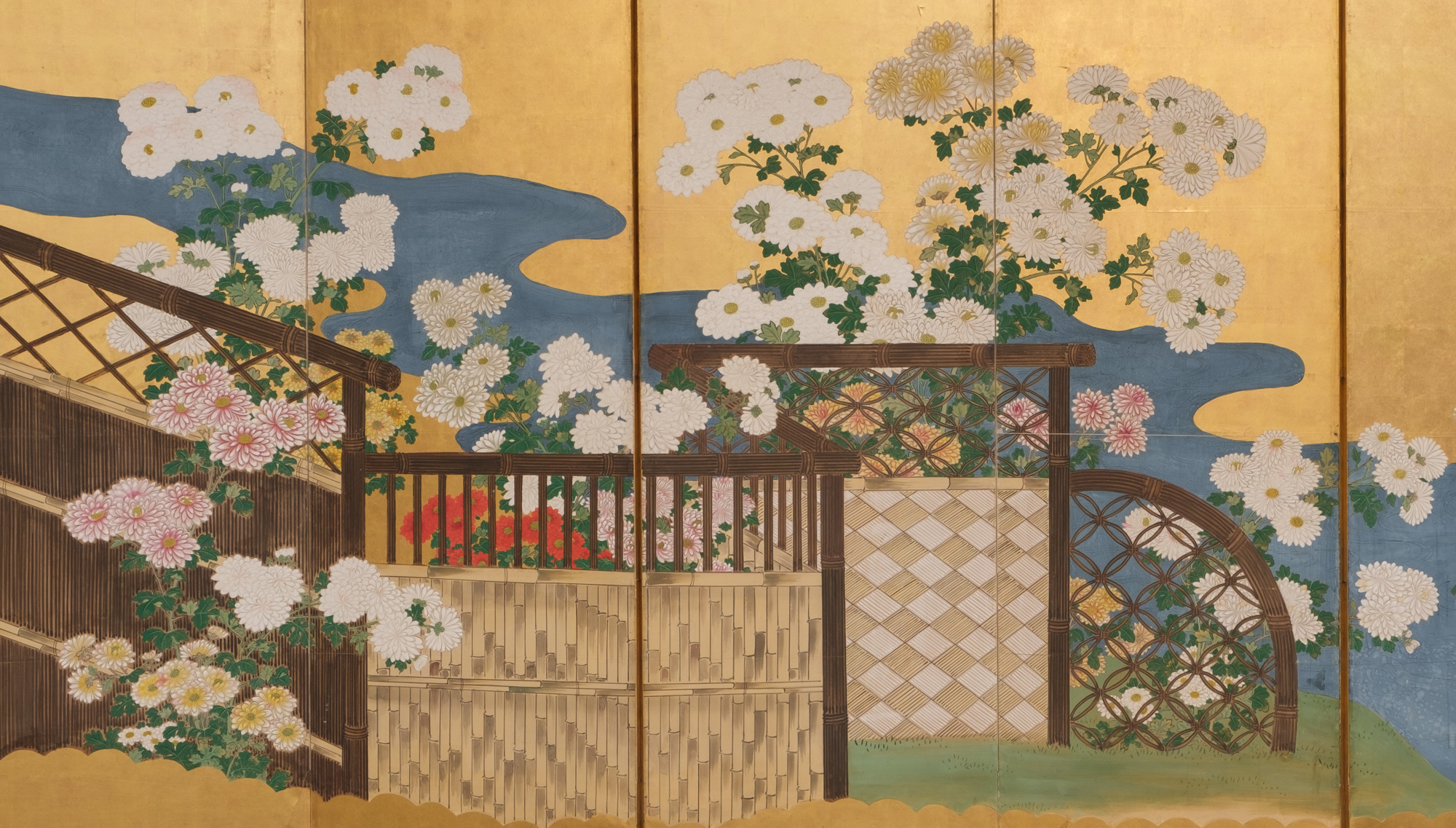 A JAPANESE FLORAL SIX PANEL SCREEN, MEIJI PERIOD (1868-1912)