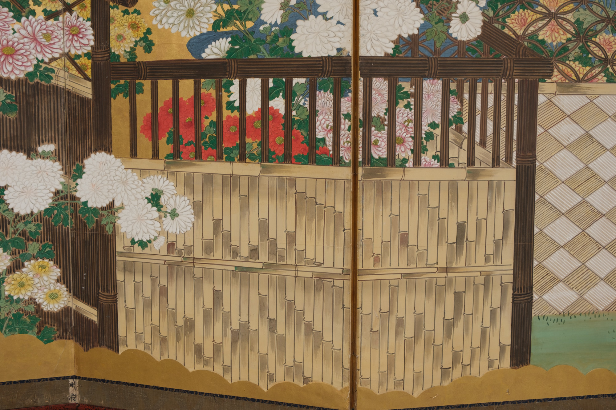 A JAPANESE FLORAL SIX PANEL SCREEN, MEIJI PERIOD (1868-1912)