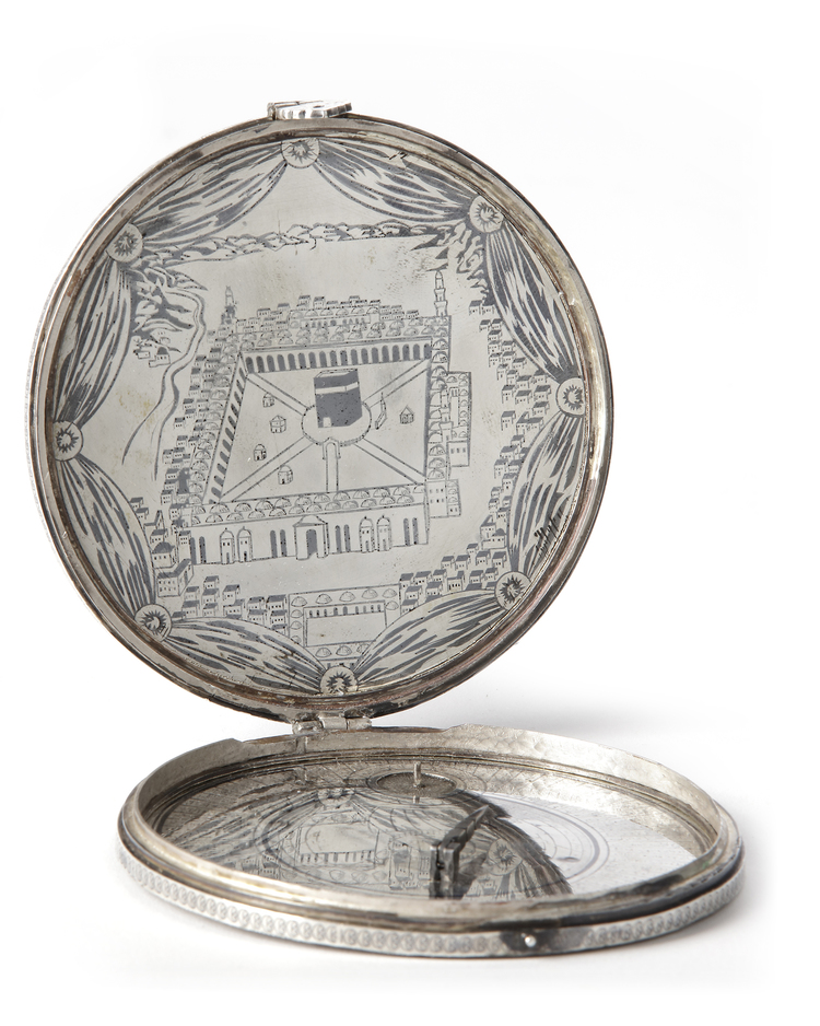 A SILVER PORTABLE FOLDABLE OTTOMAN QIBLA FINDER WITH COMPASS AND DOUBLE SUNDIAL, 19TH CENTURY