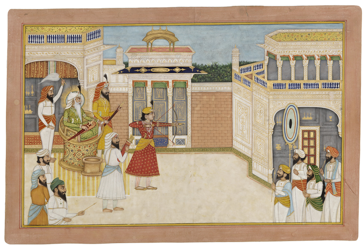 RAJA HIRA SINGH PRACTICING ARCHERY, NORTH INDIA, PUNJAB PLAINS, 19TH CENTURY