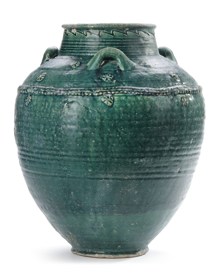 A LARGE POST SASSANIAN TURQUOISE GLAZED POTTERY STORAGE JAR, PERSIA, 6TH-8TH CENTURY