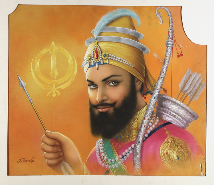 GURU GOBIND SINGH (1675 -1708) HOLDING AN ARROW AND A BOW,  BY THE ARTIST DWARKA DASS, INDIA, SECOND HALF 20TH CENTURY